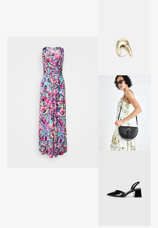 Maxi kleit, millel on sobituv rinnaosa ja laienev seelik, millel on mitmevärviline troopiline lehe muster heledal taustal. Sile kangatekstuur.; Mustad musta lakknahk kingad, millel on terav varvas ja geomeetriline plokkkonts. Omab elegantselt minimalistlikku disaini ja sujuvat tekstuuri.; Mustmust mustraha kõverate joontega, eemaldatava rihmaga ja kuldsete detailidega. Kotil on klapp, millel on pandladetail.; Kuldtooni metallist kõrvarõngas, millel on elegantne ja kaarjas disain. Omab silmapaistvat teravat kuju, poleeritud pinda ja hingesulgemist.