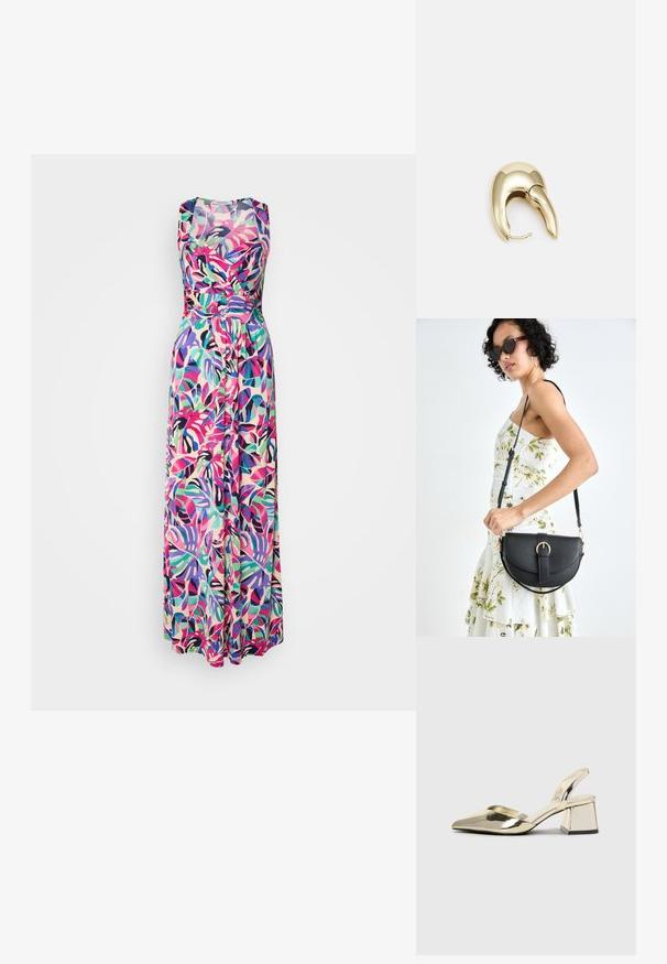 Maxikleid mit einem taillierten Oberteil und einem schwingenden Rock, das ein mehrfarbiges tropisches Blattmuster auf hellen Hintergrund zeigt. Glatte Stoffoberfläche.; Goldene, metallische Slingback-Absätze mit spitzem Zeh und dicker Ferse. Glatte Textur, minimalistisches Design und ein schmaler Riemen.; Schwarze Lederhandtasche mit geschwungener Form, abnehmbarem Tragegurt und goldenen Beschlägen. Die Tasche verfügt über einen Deckel mit einer Schnallen-Details.; Ohrringe aus goldfarbenem Metall mit einem schlanken, geschwungenen Design. Sie verfügen über eine markante, spitze Form, eine polierte Oberfläche und einen Scharnierverschluss.