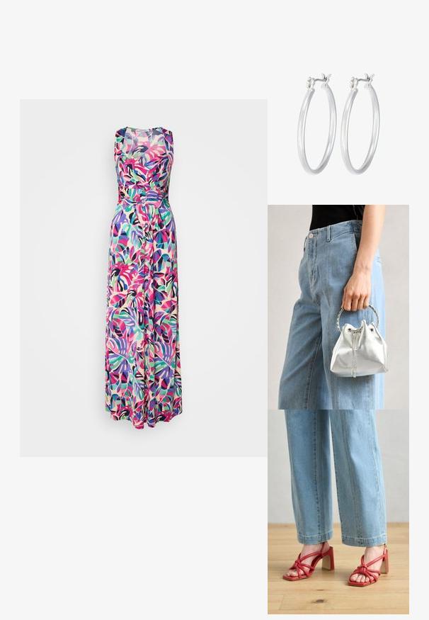 Maxi jurk met een getailleerde bovenkant en een uitlopende rok, voorzien van een multicolor tropisch bladerenpatroon op een lichte achtergrond. Soepele stofstructuur.; Rode sandalen met hakken, voorzien van knoopbandjes en een open teen ontwerp. Vierkante teenvorm en dikke blokhak. Draagt bij lichte blauwe wijde jeans.; Metalen zilveren bucket bag met een gestructureerde afwerking, versierd met een zilveren ronde handvat en een trekkoordsluiting, vastgehouden tegen lichtblauwe jeans.; Zilveren oorbellen in de vorm van een gladde, gepolijste ring. Ronde vorm met een veilige kliksluiting. Lichtgewicht ontwerp, geschikt voor dagelijks gebruik.