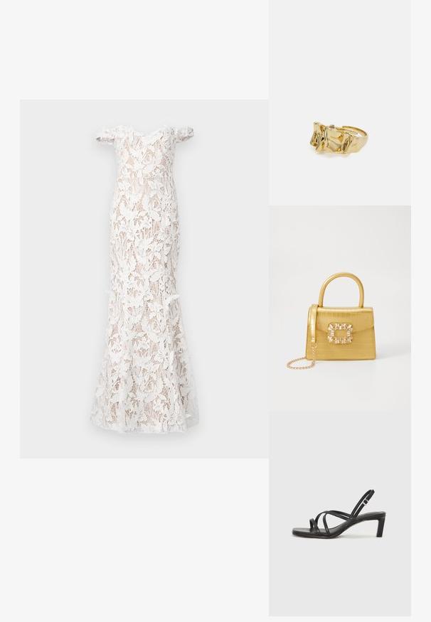 Marchesa Notte - Suknia balowa; Czarne sandały na obcasie z prostokątnym noskiem i niskim słupkowym obcasem. Posiadają wiele cienkich pasków i regulowany pasek na kostkę. Wykonane z gładkiej skóry.; Żółta torebka z faux-krokodylka o wyrafinowanej konstrukcji, z górnym uchwytem, odpinanym łańcuszkiem oraz dekoracyjnym kryształowym zdobieniem na zapięciu.; Złoty pierścionek o teksturowanym, falistym wzorze z trzema wyraźnymi szczytami. Gładka, błyszcząca powierzchnia z otwartą obrączką dla regulowanego dopasowania.; Złoty pierścionek o teksturowanym, falistym wzorze z trzema wyraźnymi szczytami. Gładka, błyszcząca powierzchnia z otwartą obrączką dla regulowanego dopasowania.