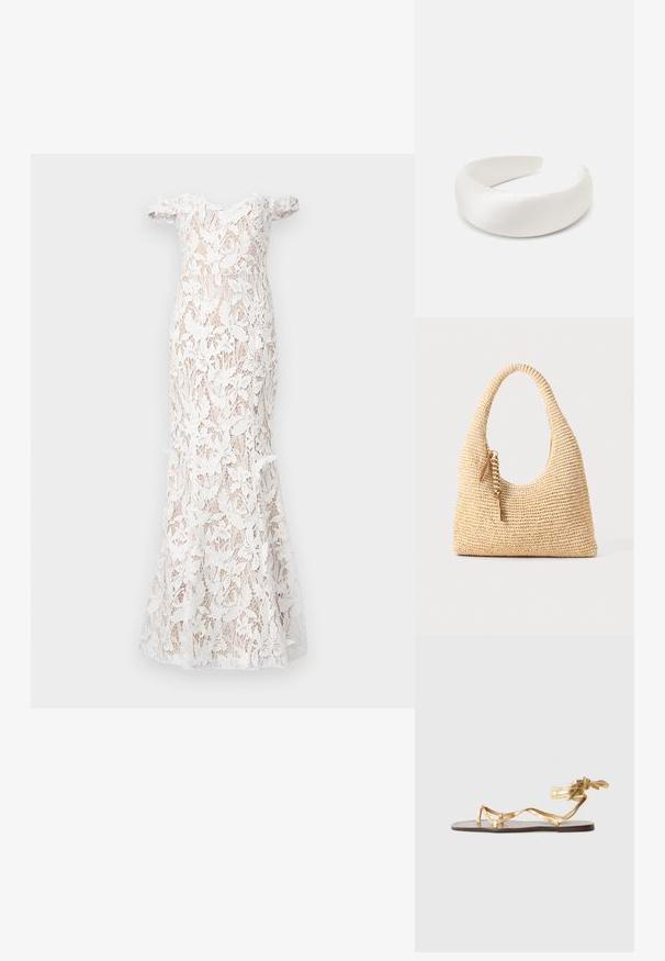 Marchesa Notte Alkalmi viselet - ivory; Arany lapos szandál, vékony fémes pántokkal, a bokán kötött díszítéssel és barna, textúrált talprésszel.; Szőtt bézs kézitáska ívelt fogantyúval, textúrált felülettel és barna bojtos díszítéssel. Lazán lecsüngő, hobo stílusú forma jellemzi.; Loeffler Randall BELLAMY OVERSIZE HEADBAND - Hajformázó kiegészítő - cream