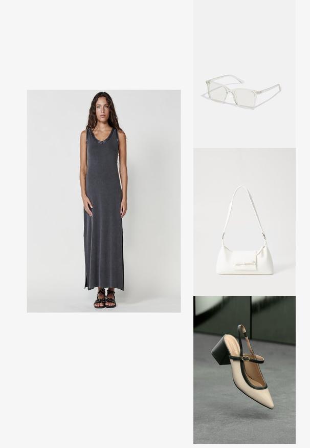 Pikk, tumedashall kleit ilma varrukateta, ribakujulise tekstuuriga, laia kaeluse ja külje lõigetega, kombineeritud mustade rihmadega sandaalidega.; Beesidega teravatoe slingback king, musta äär ja kuldne pandla, tummise plokk-kontsa peal hallil põrandal tumesinise tausta ees.; Selge plastmassist ruudukujulised prilliraamid koos läbipaistvate läätsedega, millel on kuldsed aktsendid templitel, et lisada detaile.; Valge sünteetilisest materjalist kott kolmnurkse kujuga, lame esiklapiga ja kaaredetailiga, reguleeritava rihmaga, sileda tekstuuriga ja minimalistliku disainiga.