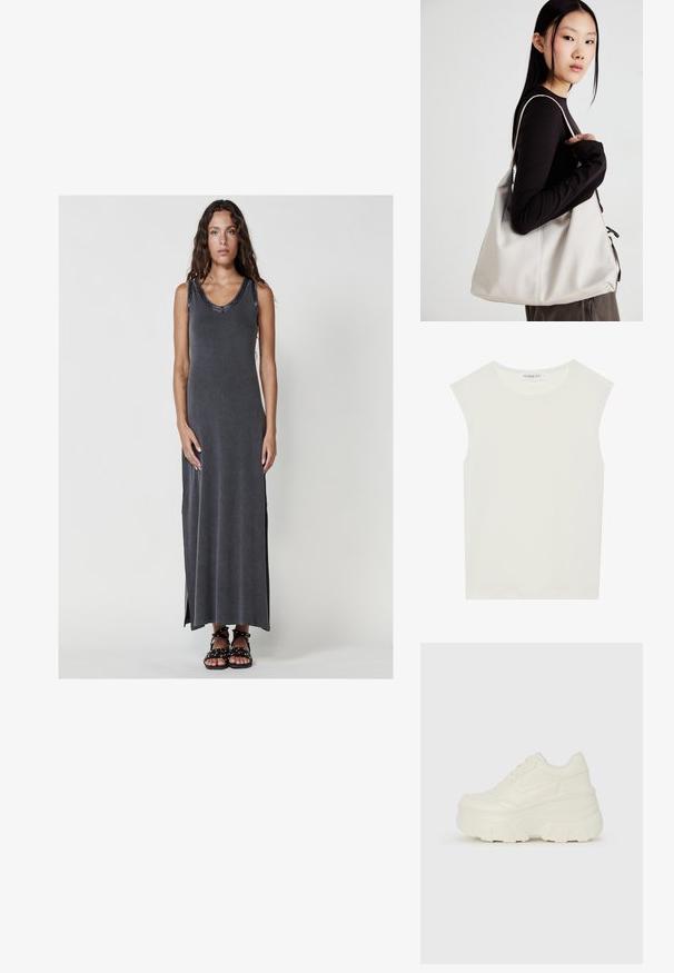 Rochie fără mâneci, lungă, de culoare gri închis, cu o textură dublată, având decolteu în formă de semicerc și fante laterale, asortată cu sandale negre cu barete.; Top alb fără mâneci, cu decolteu rotund. Fabricat dintr-un material neted, prezintă o croială lejeră și un design minimalist. Fără modele sau accente.; Adidași platformă albi, cu un superior neted asemănător cu pielea, formă rotunjită, guler căptușit și talpă din cauciuc texturată cu borduri bine definite.; Geantă bej din material moale, cu un design lejer, detalii cusute și două bretele pentru umăr. Potrivită pentru utilizarea zilnică.