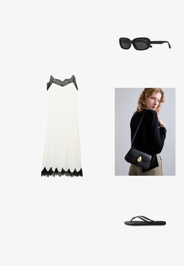 Weißes Spitzenkleid mit zarten schwarzen Spitzenakzenten am Ausschnitt und Saum, ausgestattet mit dünnen Trägern und einer glatten Textur.; Schwarze Flip-Flops mit einer strukturierten Gummisohle, zwei schlanken Riemen und einem dezenten, geprägten Logo-Detail auf dem Riemen.; Schwarze rechteckige Sonnenbrille mit einem dicken Rahmen, dunkel getönten Gläsern und einem eleganten Design. Die Bügel haben eine glatte Oberfläche.; Schwarze Lederhandtasche mit geschwungener Form, ausgestattet mit einem auffälligen goldenen ovalen Verschluss, einem verstellbaren Trageriemen und minimalistischem Design.