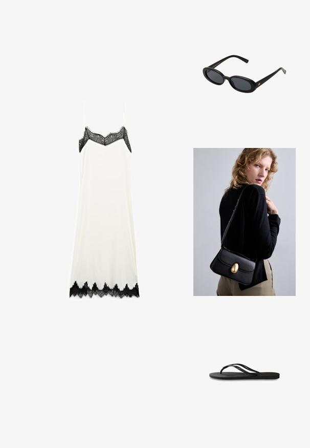Bílé šaty na ramínka s jemnými černými krajkovými detaily na výstřihu a lemu, mají tenké ramínka a hladký povrch.; Černé žabky s texturovanou gumovou podrážkou, dvěma štíhlými popruhy a jemným, embosovaným logem na popruhu.; Černé oversized sluneční brýle s oválnými čočkami, hladkým plastovým rámem a zlatými akcenty na spáncích. Tmavé čočky poskytují ochranu před sluncem.; Černá kožená kabelka s zakřiveným tvarem, vybavená výrazným zlatým oválným zapínáním, nastavitelným popruhem a minimalistickým designem.