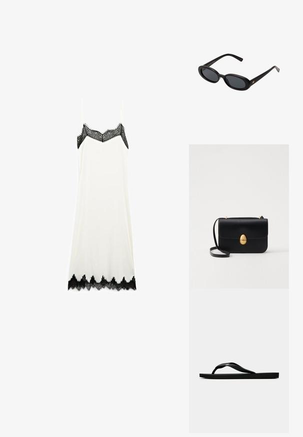 Weißes Spitzenkleid mit zarten schwarzen Spitzenakzenten am Ausschnitt und Saum, ausgestattet mit dünnen Trägern und einer glatten Textur.; Schwarze Gummi-Flip-Flop-Sandale mit einem strukturierten Riemen und einfacher flacher Sohle, von der Seite auf einem schlichten hellen Hintergrund dargestellt.; Schwarze, oversized Sonnenbrillen mit ovalen Gläsern, glattem Kunststoffrahmen und goldenen Akzenten an den Bügeln. Die dunklen Gläser bieten Sonnenschutz.; Schwarze Lederhandtasche mit strukturierter rechteckiger Form. Verfügt über einen goldenen ovalen Verschluss und einen dünnen Schulterriemen. Glatte Textur.