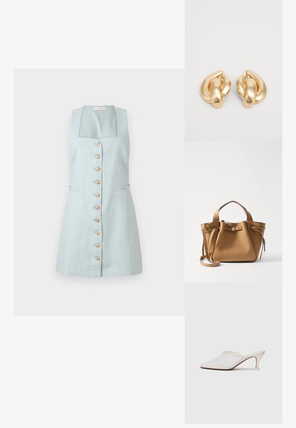 Světle modré lněné šaty s hranatým výstřihem, předními knoflíky a dvěma bočními kapsami. Mají vypasovaný siluetu a délku ke kolenům.; Bílé síťované psací muly s špičatou špičkou, štíhlým středně vysokým podpatkem a designem na nazouvání na jednobarevném pozadí.; Tory Burch ROMY PEBBLED SATCHEL - Kabelka - tiramisu; Náušnice ve zlatém tónu z kovu s točeným designem a hladkým, lesklým povrchem a zaoblenými tvary. Každá měří přibližně 5 cm.
