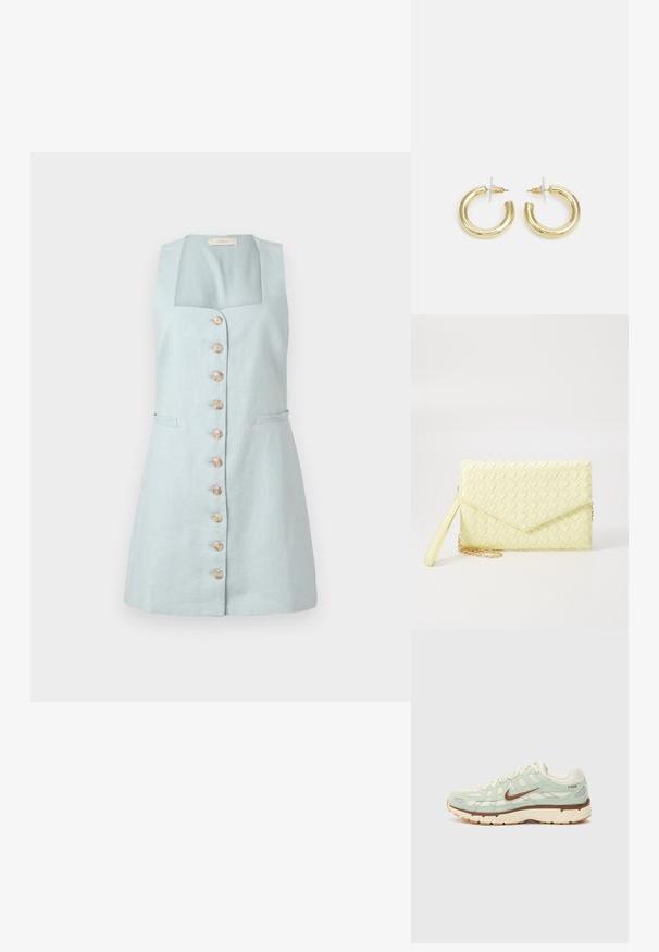 Svetlo modra lanena obleka s kvadratnim izrezom, sprednjimi gumbi in dvema stranskima žepoma. Ima prilegajoč silhueto in dolžino do kolen.; Svetlo zeleni športni čevlj s kombinacijo mrežaste in semiš materialov, rjave akcenti, bež podplat, teksturiran dizajn in podpisna oznaka na strani.; Rumena pletena torbica za ključe z zapiralom, odstranljivim zapestnim trakom in zlatim verižnim poudarkom. Gladka tekstura in pravokotna oblika.; Zlate uhane v obliki obročkov z gladko, sijočo površino. Krožna zasnova s majhnim nosilcem in prozornim podplatom za varno nošenje.