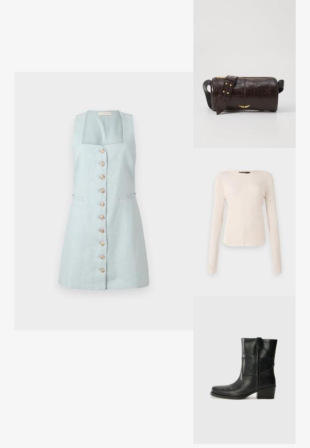Svijetloplava lanena haljina sa četvrtastim izrezom, prednjim dugmadi i dva bočna džepa. Ima prilagođen siluetu i dizajn do koljena.; Dugih rukava, svijetlo bež majica s okruglim izrezom. Izrađena od mekanog materijala, ima središnji šav i blago zakrivljen rub. Nema vidljivih metalnih dijelova.; Crne kožne čizme do članaka s okruglim vrhom, blok potpeticom, bočnim patentnim zatvaračem i detaljima od šavova na gornjem dijelu. Glatka tekstura, klasičan dizajn.; Smeđa torba od kože s embosiranim krokodilskim uzorkom, cilindričnog oblika, zlatne hardverske detalje i odvojivu naramenicu sa čavlima.