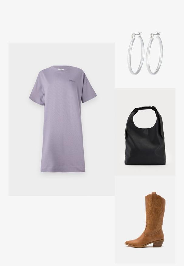 Lyhenne t-paita mekko laventelin värissä pehmeästä puuvillasta. Mekossa on rento leikkaus, pyöreä kaula-aukko ja pieni musta logokuvio etupuolella.; Ruskean nahkainen cowboy-saapas, jossa on terävä kärki, brodeeratut pyörteiset kuviot varressa ja kerroslohko korko. Varustettu nostonipulla helpottamaan pukemista.; Musta nahkainen käsilaukku, jossa suuri avoin yläosa ja yksi olkahihna. Pehmeä pinta, minimalistinen muotoilu, hillityt metallikoristeet.; Hope-silver rengas, joissa on sileä ja kiillotettu pinta. Pyöreä muoto ja turvallinen napsautettava lukitus. Kevyt muotoilu sopii päivittäiseen käyttöön.