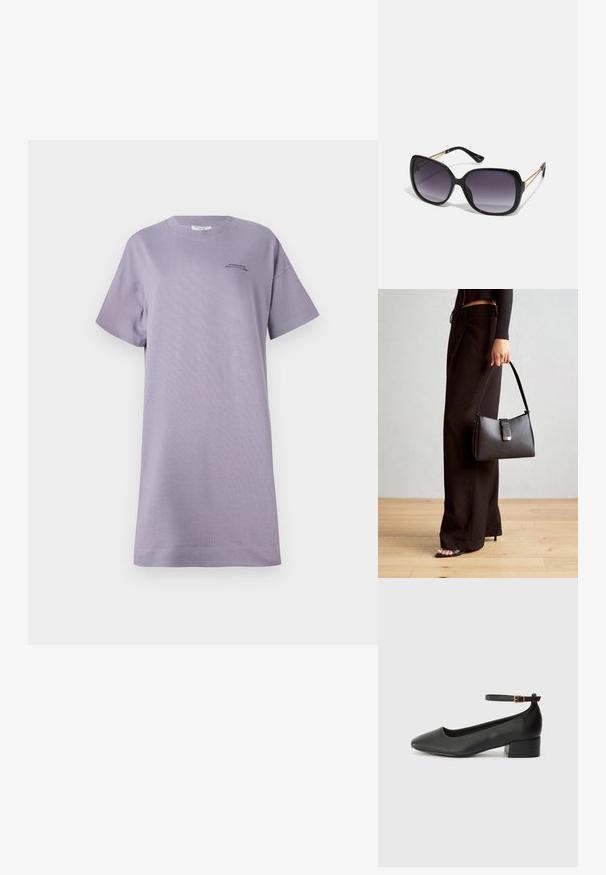 Λιλά κοντομάνικο φόρεμα T-shirt από μαλακό βαμβάκι. Διαθέτει άνετη εφαρμογή, στρογγυλή λαιμόκοψη και μικρή μαύρη λεπτομέρεια με λογότυπο μπροστά.; Μαύρο δερμάτινο τακούνι με μυτερή μύτη και χαμηλό τετράγωνο τακούνι. Διαθέτει λουράκι στον αστράγαλο με χρυσό τόνο πόρπη. Λείο υφή.; Μαύρα υπερμεγέθη γυαλιά ηλίου με κλειστή βαθμίδα φακού, παχιά σκελέτη και λεπτομέρειες από χρυσή αλυσίδα στις βραχίονες του σκελετού.; Μαύρη τσάντα χειρός με δομημένο σχήμα, λεία υφή και μεταλλικό κούμπωμα. Συνδυασμένη με φαρδιά μαύρα παντελόνια και σανδάλια ανοιχτής μύτης πάνω σε ξύλινο πάτωμα.