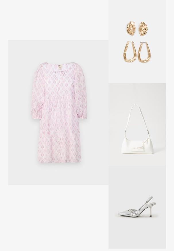 Korta ärmar rosa klänning med blommönster, rund halsringning, rynkad midja och mjukt, lätt tyg. Enkel knäppning framtill.; Silver slingback högklackad sko med spetsig tå, metallisk finish, två dekorativa remmar och en smal klack med svart spets.; Vit syntetisk handväska med triangulär form, platt framklaff och rosettdetalj, justerbar rem, slät textur och minimalistisk design.; Örhängen i guldton med texturerade, vågiga former. Inkluderar skulpturala clip-on-stift och öppen hoop-design med hamrad finish.