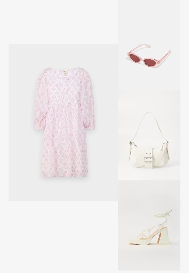 Ružové šaty s krátkym rukávom a kvetinovým vzorom, okrúhly výstrih, naťahovací pás a jemná, ľahká tkanina. Jednoduché zapínanie na gombík vpredu.; Biele sandále na vysokom opätku s hrubým podpätkom, s pruhovaným dizajnom a viazaním na členku. Hladký povrch s platformou vpredu pre zvýšenú výšku.; Ružové priehľadné slnečné okuliare s oválnymi šošovkami, tmavočerveným tónovaním a štíhlymi ramenami, so hladkým povrchom a jemnými detailmi na ráme.; Biela taška cez rameno s textúrovaným povrchom, centrálnou prackou a zakriveným tvarom. Zipsy na oboch stranách.