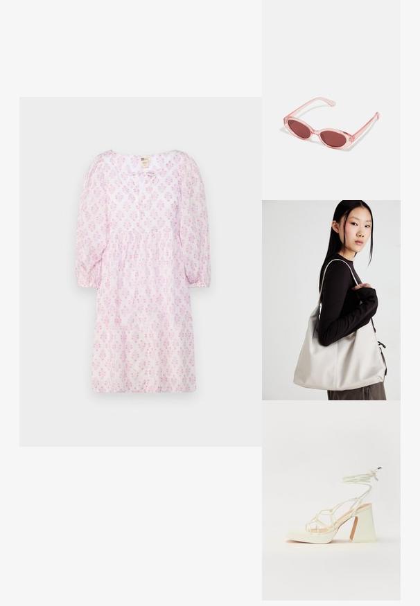 Ruža obleka s kratkimi rokavi in cvetličnim vzorcem, okroglo izrezom, z nabranim pasom in mehkim, lahkim materialom. Enostavno zapiranje na gumbih spredaj.; Bela sandala na visokih petah s debelim petam, ki ima obliko trakcev in vezanje okoli gležnja. Gladka tekstura z platformo spredaj za dodatno višino.; Roza prozorna sončna očala z ovalnimi lečami, temno rdečim odtenkom in vitkimi rokami, s gladko površino in subtilnimi detajli na okvirju.; Bežna torbica iz mehkega materiala, z ohlapno zasnovo, šivi in dvema naramnicama. Primerna za vsakodnevno uporabo.