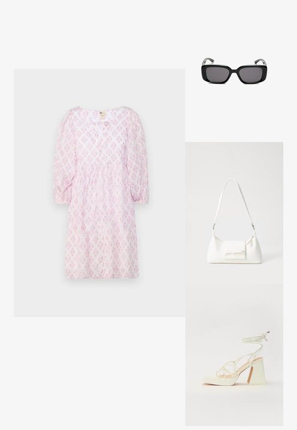 Kortærmet pink kjole med blomstermønster, rund halsudskæring, sammensnørende talje og blødt, let stof. Enkel knaplukning foran.; Hvide højhælede sandaler med en kraftig hæl, der har et stropdesign og ankelbinding. Glat tekstur med en platform foran for ekstra højde.; Sorte rektangulære solbriller med mørke linser, glat plastikramme og buede stænger. Designet er klodset med en minimalistisk æstetik.; Hvid syntetisk håndtaske med en trekantet form, flad forsideklap og sløjfedetalje, justerbar strop, glat tekstur og minimalistisk design.