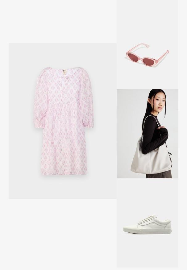 Rochie roz cu mânecă scurtă, cu un model floral, decolteu rotund, talie strânsă și material moale, ușor. Închidere simplă cu nasture în față.; Adidași albi din pânză cu un design cu talpă joasă, vârf rotund și talpă din cauciuc texturat. Prezintă cusături întărite și ochiuri de argint pentru șireturi.; Ochelari de soare roz transparenți cu lentile ovale, nuanță roșie închisă și brațe subțiri, având un finisaj neted și detalii subtile pe cadru.; Geantă bej din material moale, cu un design lejer, detalii cusute și două bretele pentru umăr. Potrivită pentru utilizarea zilnică.