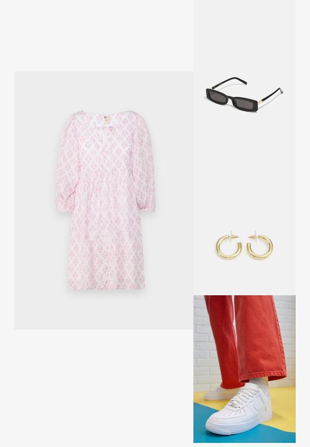 Ružičasta haljina s kratkim rukavima, cvjetnim uzorkom, okruglim izrezom, skupljenim strukom i mekanom, laganom tkaninom. Jednostavno zatvaranje na dugme sprijeda.; Bijele kožne tenisice s perforiranim prednjim dijelom, teksturiranim đonom i bijelim vezicama, u kombinaciji s širokim crvenim hlačama i plavo-žutom pozadinom.; Crne pravokutne sunčane naočale s tamnim lećama, sjajnim plastičnim okvirom i zlatnim akcentima na sljepoočnicama. Minimalistički dizajn i elegantan oblik.; Zlatne kružne naušnice s glatkom, sjajnom završnom obradom. Kružni dizajn s malom potporom i prozirnom podlogom za sigurno nošenje.