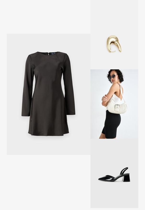 Crna haljina dugih rukava s okruglim izrezom, glatkog materijala, A-linije, srednje dužine i malim prorezom s leđa.; Crne lakirane kožne sandale s otvorenom petom i špicastim vrhom, s geometrijskom blok petom. Imaju elegantan, minimalistički dizajn i glatku teksturu.; Bijela kožna torbica s zakrivljenim oblikom, podesivim remenom i malim detaljem kopče. Model nosi usklađeni crni outfit.; Zlatne metalne naušnice s elegantnim, zakrivljenim dizajnom. Imaju karakterističan šiljast oblik, poliranu površinu i zatvaranje na šarku.