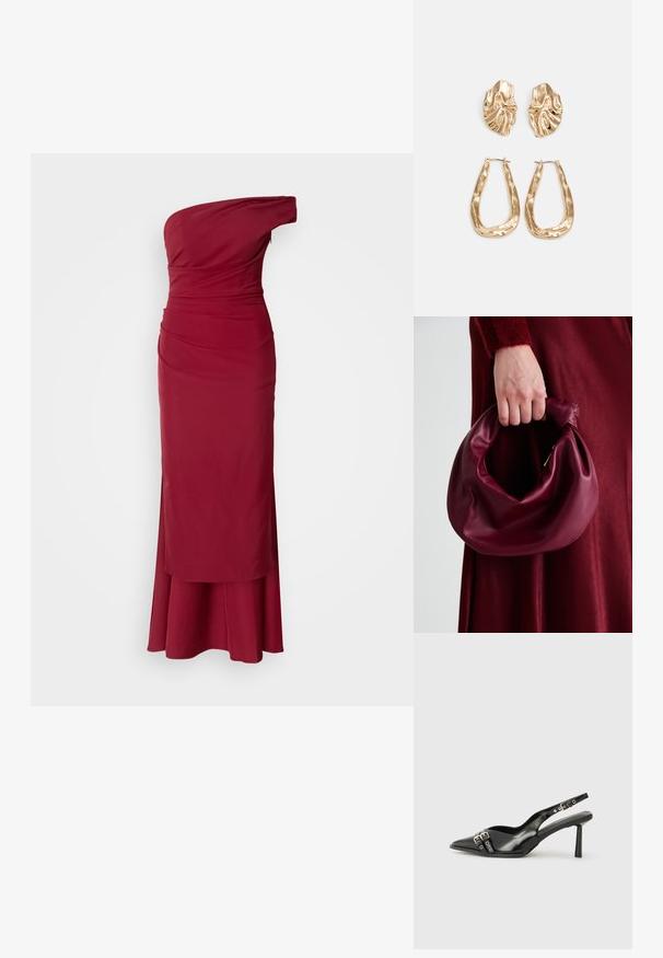 Vestido de noite bordeaux de um ombro, com corpete drapeado, silhueta ajustada e bainha ampla. Tecido suave com um brilho sutil. Fecho de correr.; Sapato slingback preto em pele patentada com bico apontado, tiras no tornozelo apresentando fivelas e acessórios prateados, e um salto elegante.; Bolsa de couro bordô com um design suave e franzido, e uma forma arredondada. A alça é fixa, apresentando uma textura suave.; Brincos em tom de ouro com formas onduladas e texturizadas. Inclui studs escultóricos com presilha e um design de argola aberta com um acabamento martelado.