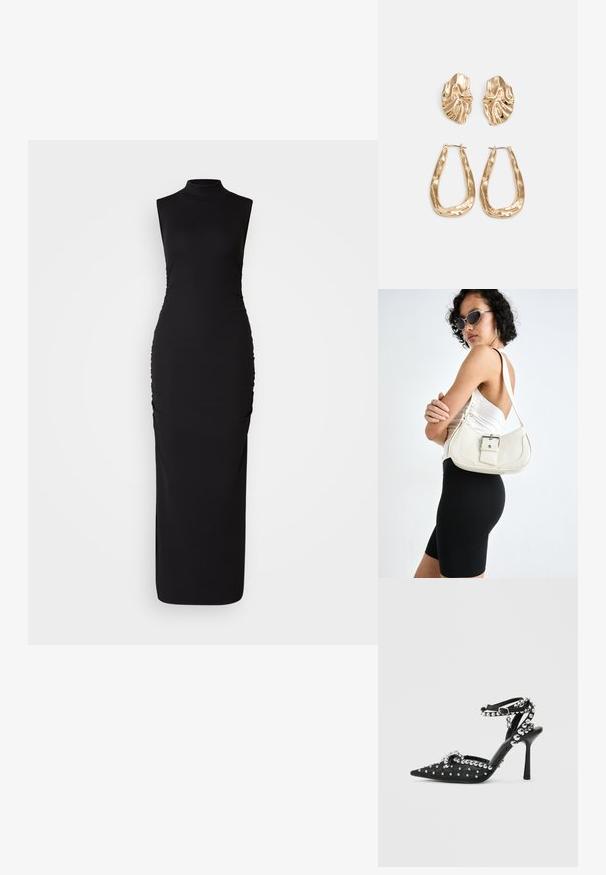 Vestido preto sem mangas com gola alta, feito de tecido elástico. Apresenta franzidos laterais para textura, silhueta ajustada e comprimento até ao chão.; Sapato de salto alto preto com bico pontiagudo, adornos com tachas, tira no tornozelo e tecido texturizado. Apresenta um laço decorativo e detalhes metálicos.; Bolsa de couro branca com um formato curvado, alça ajustável e um pequeno detalhe de fivela. Modelo usa um traje preto ajustado.; Brincos em tom de ouro com formas onduladas e texturizadas. Inclui studs escultóricos com presilha e um design de argola aberta com um acabamento martelado.