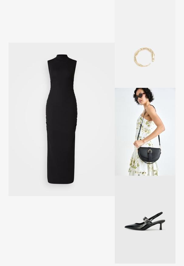 Schwarzes ärmelloses Kleid mit hohem Kragen, aus elastischem Stoff. Verfügt über seitliche Raffung für Textur, eng anliegende Silhouette und bodenlange Länge.; Schwarze Lackleder Slingback-Absätze mit spitzem Zeh und kleinem Blockabsatz, ausgestattet mit einem silbernen Schnallenakzent am Riemen.; Schwarze Lederhandtasche mit geschwungener Form, abnehmbarem Tragegurt und goldenen Beschlägen. Die Tasche verfügt über einen Deckel mit einer Schnallen-Details.; Goldfarbener Ring mit einem organischen, gedrehten Design, glatter Oberfläche und sich verjüngenden Enden, was ein modernes, skulpturales Erscheinungsbild erzeugt.