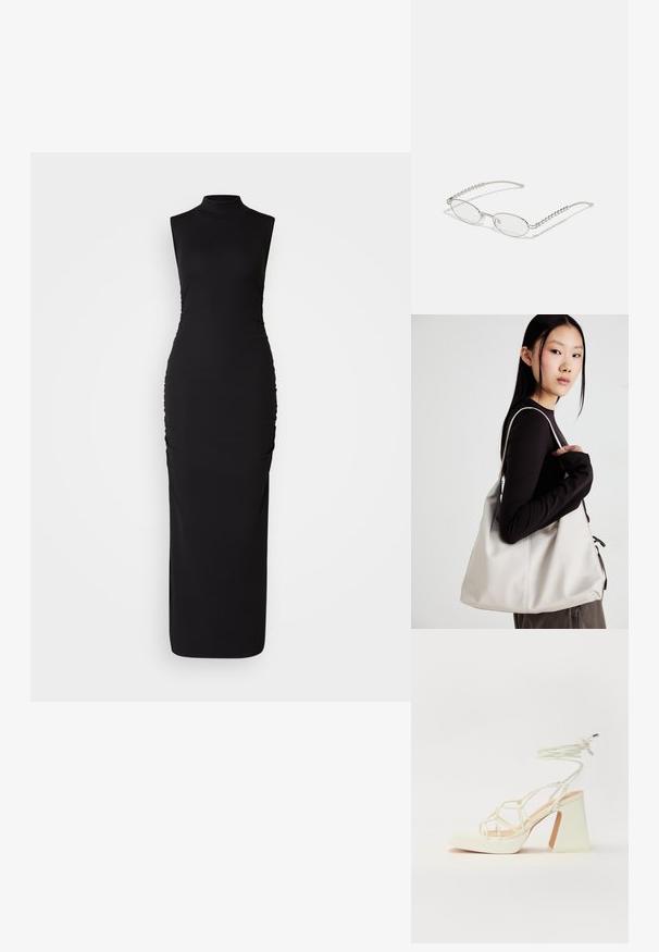Vestido preto sem mangas com gola alta, feito de tecido elástico. Apresenta franzidos laterais para textura, silhueta ajustada e comprimento até ao chão.; Sandálias brancas de salto alto com um salto robusto, apresentando um design com tiras e amarração no tornozelo. Textura suave com uma plataforma na frente para altura adicional.; Óculos ovais com uma armação metálica prateada, lentes transparentes e detalhes texturizados em contas nas hastes. Design leve com braços curvos.; Uma bolsa bege feita de material macio, com um design descontraído, detalhes de costura e duas alças para o ombro. Adequada para uso diário.