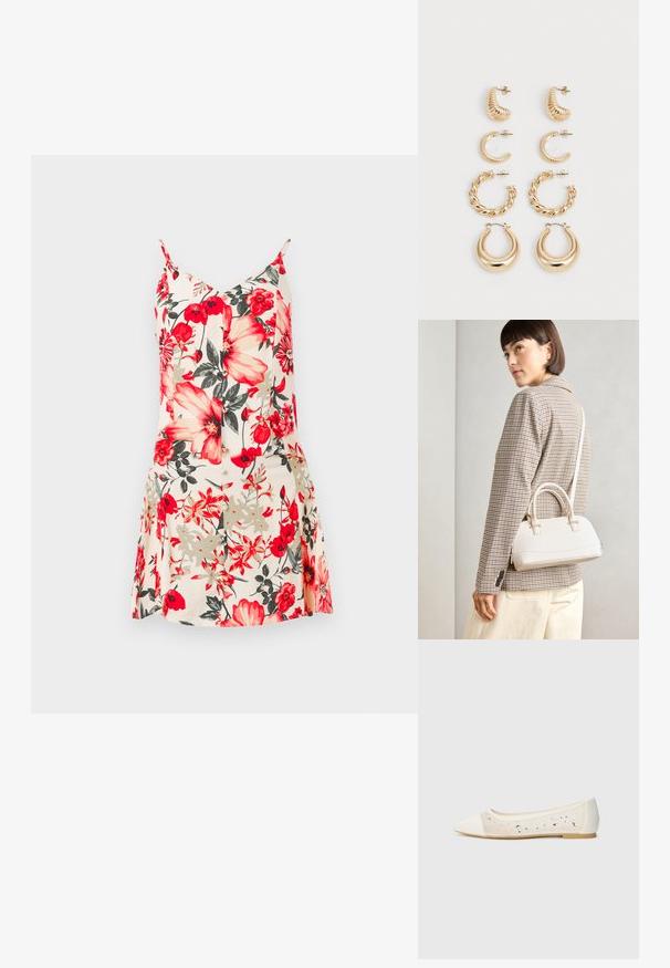 Gėlėta be rankovių suknelė su didelėmis raudonomis ir geltonomis gėlėmis ant šviesiai persikinio fono, su prigludusia liemene ir platėjančia sijonu.; Kreminės odos balerinos bateliai su skaidriu viršumi, dekoruoti išsibarsčiusiais kristalais. Minkštas padas užtikrina komfortą, minimalistinis dizainas.; Balta struktūruota rankinė su trumpomis rankenomis ir peties diržu, su auksinėmis detalėmis ir tekstūruota medžiaga, pastatyta prieš pilką foną.; Penkių auksinių auskarų rinkinys, pasižymintis įvairiais dizainais: suktos, briaunotos ir lygios paviršiai, kilpos ir pusmėnulio formos.