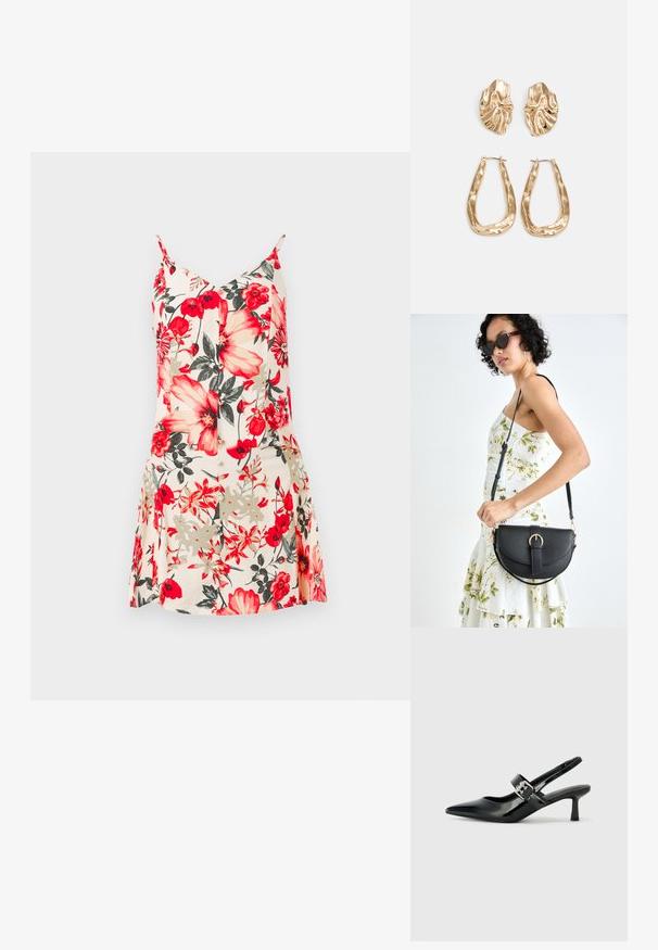 Blomstrete ermeløs kjole med store røde og gule blomster på en lys ferskenfarge bakgrunn, med en tettsittende liv og flytende skjørt.; Svarte patent lær slingback hæler med spiss tå og en liten blokkheel, med en sølvspenne som detalj på stroppen.; Svart lærveske med en buet form, avtagbar stropp og gullbeslag. Vesken har et klaff med spenne-detall.; Gullfargede øredobber med teksturerte, bølgete former. Inkluderer skulpturelle klipsstuds og åpen hoop-design med en hamret finish.