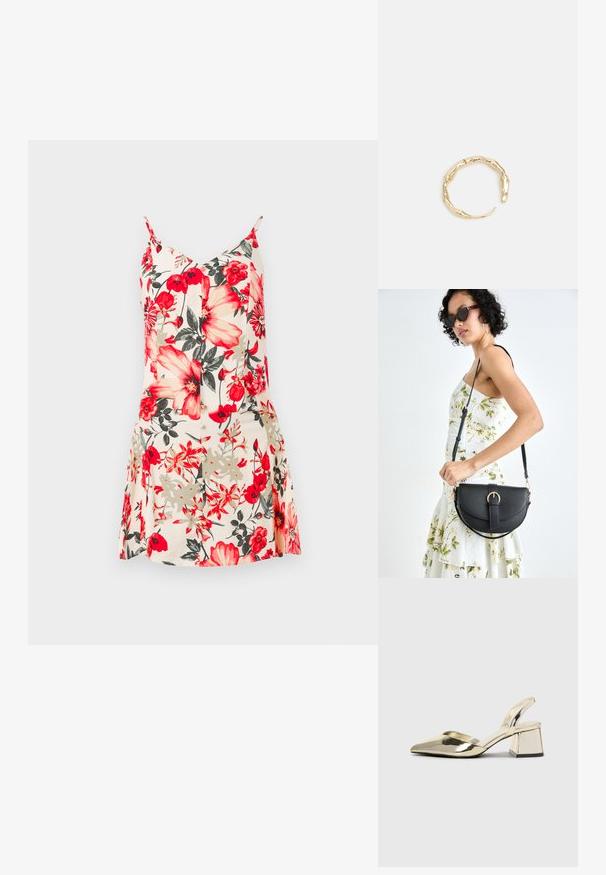 Ziedu bezpiedurkņu kleita ar lieliem sarkaniem un dzelteniem ziediem uz gaiši persiku fona, ar pieguļošu korpusu un izplestu svārku.; Zeltaini, metāla kurpes ar siksniņām, norakans purngalis un masīla papēdis. Gluda tekstūra, minimālisma dizains un šaura siksna.; Melnas ādas rokassoma ar izliekta formu, noņemamu siksnu un zelta aksesuāriem. Somai ir vāciņš ar sprādzes detaļu.; Zelta toņa gredzens ar organisku, vērptu dizainu, gludu virsmu un sašaurinātiem galiem, radot mūsdienīgu, skulpturālu izskatu.