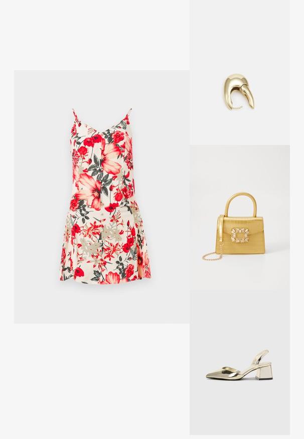 Floral sleeveless dress featuring large red and yellow flowers on a light peach background, with a fitted bodice and flared skirt.; Gold, metallic slingback heels with a pointed toe and chunky heel. Smooth texture, minimalistic design, and a narrow strap.; Yellow faux-crocodile handbag with a structured design, top handle, detachable chain strap, and decorative crystal embellishment on the clasp.; Gold-tone metal earring with a sleek, curved design. Features a distinctive pointed shape, polished surface, and hinge closure.