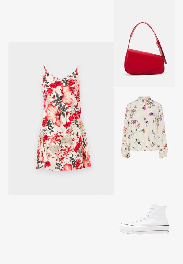 Rochie fără mâneci cu flori, având flori mari roșii și galbene pe un fundal piersică deschisă, cu un corset ajustat și o fustă evazată.; Bluză florală cu mâneci lungi și puff, bază de crem deschis, cu modele florale în nuanțe de violet, portocaliu și verde, și design cu guler clasic.; Adidași albi tip pantofi sport cu glezna din pânză, cu talpă din cauciuc negru, capac de vârf din cauciuc frontal și șase ochiuri pentru șireturi, având un design curat și minimalist.; Geantă de mână din piele roșie, cu un design unghiular și geometric. Dispune de o singură curea ajustabilă și un sistem de închidere cu clapetă, cu detalii cusute.