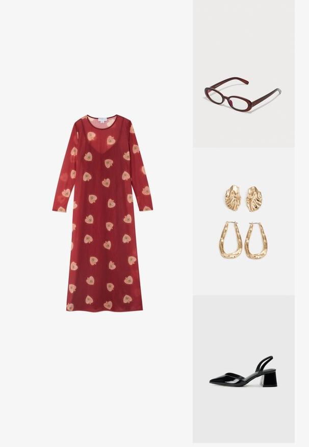 Hosszú, piros, áttetsző ruha, kerek kivágással és hosszú ujjal. Szórt, hímzett rózsaszín és sárga szívmintákkal díszített.; Fekete lakk bőr szandálkés magas sarkú cipő, hegyes orral és geometrikus tömbsarkakkal. Karcsú, minimalista dizájn és sima textúra jellemzi.; Ovális alakú piros napszemüveg átlátszó lencsékkel és karcsú barna kerettel. A dizájn diszkrét íveket és minimális szerelvényeket mutat.; Aranyszínű fülbevalók, texturált, hullámos formákkal. Tartalmazza a szobrászati klipszes studokat és az open hoop kialakítást, kalapácsos felülettel.