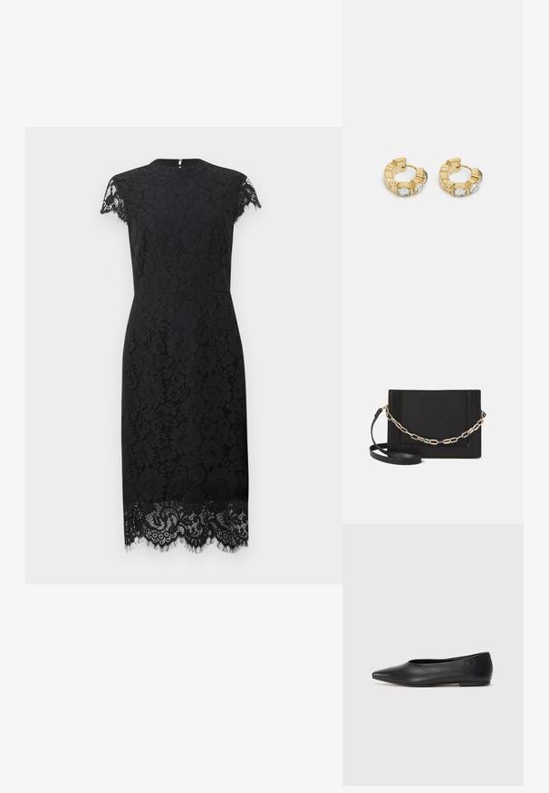 Sort blonde kjole med korte ærmer, høj halsudskæring, tætsiddende silhuet og indviklet blondemønster med frynsedetaljer i kanten.; Sort læder balletflade, spidse tæer, minimalistsk design, glat tekstur, lav hæl, ingen synlig hardware eller udsmykninger.; Sort læder crossbody taske med en glat tekstur, rektangulær form og en metallisk kæde detalje foran. Justerbar skulderrem inkluderet.; Guldøreringe med en struktureret design og tre klare krystalaccenter på den ene side, der tilbyder en moderne geometrisk æstetik.