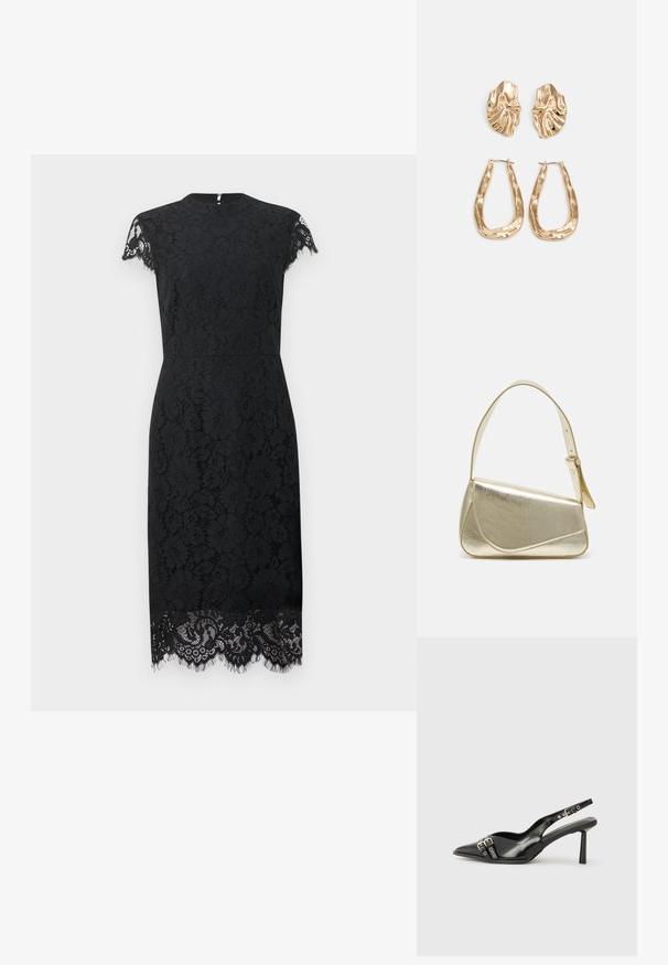 Melna mežģīņu kleita ar īsām piedurknēm, augstu apkakli, pieguļošu siluetu un sarežģītu mežģīņu rakstu ar frizētu apakšmalu.; Melnā patentēta ādas sandale ar norādītu purngalu, potītes siksniņām ar sudraba sprādzēm un aparatūru, kā arī smalku papēdi.; Zelta metāla somiņa ar strukturētu dizainu, gludu tekstūru un regulējamu siksniņu. Iezīmējas ar unikālu trīsstūrveida formu un minimālistisku šuvumu.; Zelta krāsas auskari ar teksturētām, viļņotām formām. Iekļauts skulpturāls piespraužams modelis un atvērta gredzenveida konstrukcija ar izsistām virsmām.