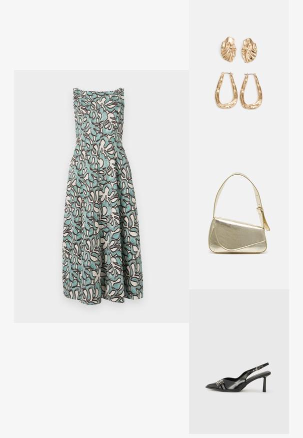 Prigludusi be rankovių suknelė, turinti baltą pagrindą su abstrakčiais teal ir tamsiai rudos spalvos raštais, platėjanti ties juosmeniu su tekstūruotu apdaila.; Juodas lakuotas odinis batelis su smailiu pirštu, kulkšnies dirželiais su sidabrinėmis sagtimis ir detalėmis, bei plonu kulnu.; Aukso metalinės rankinės su struktūrizuotu dizainu, lygaus paviršiaus ir reguliuojama dirželiu. Pasižymi unikaliu trikampiu pavidalu ir minimalizmu siuvinėjime.; Auksinės auskarai, turintys tekstūruotus, bangų formos elementus. Įeina skulptūriniai segami auskarai ir atviri lankai su išmuštu paviršiumi.