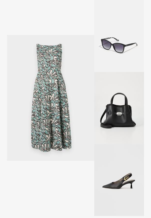 Säratud ilma varrukateta kleit, millel on valge põhi ja abstraktsed teal- ja tumepruunid mustrid, mis laienevad vööst ning millel on tekstureeritud viimistlus.; Must mustan kõrge kontsaga king, millel on terav nina, sile nahk ja kuldne klambriga aksessuaar rihmal.; Mustad prillid, millel on gradient objektiivid, ruudukujuline kuju ja tekstuuriga must-valge mustriga sangad. Omab hõbedast logo aktsenti.; Mustmust kott, millel on tekstuuriga viimistlus, sisaldab kahte ülemist kättehaaret, eemaldatavat õlarihma ja hõbedast luku detaili.