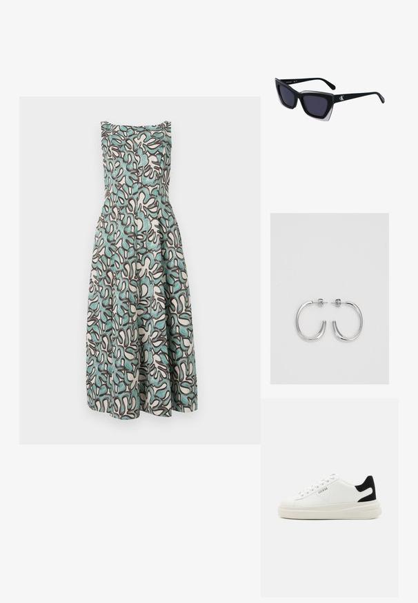 Udobna brezrokavna obleka z belo podlago in abstraktnimi teal in temno rjavimi vzorci, ki se na pasu razširja in ima teksturirani zaključek.; Bele usnjene športne copate z debelim belim podplatom, črnimi semišnimi detajli na peti in utisnjenim logotipom na strani. Zavezovanje s šestimi luknjicami.; Črne prevelike sončne očala geometrijske oblike, z temnimi lečami in kontrastno sivo podrobnostjo na okvirju. Logo na ročaju.; Srebrne obročaste uhane z gladko, sijočo površino. Zaobljena oblika, lahka zasnova, z zapiranjem na zatič.