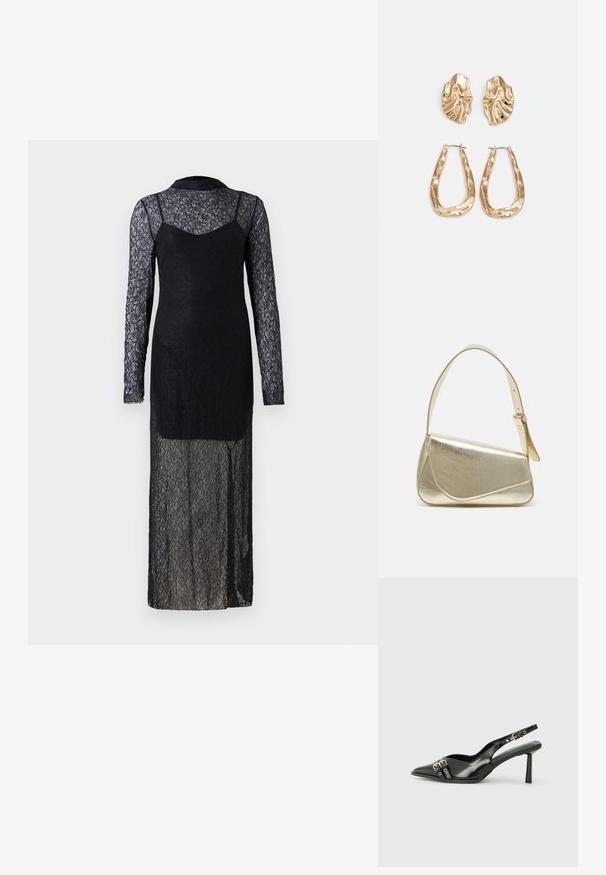 Musta pitsimekko, jossa on pitkät läpikuultavat hihat, tiukka vartalo ja virtaava hame. Mekko on koristeltu kukkakuoseilla ja siinä on korkea kaula-aukko.; Musta patenttinen nahkainen slingback-kengät, joissa on terävä nenä, nilkkahihnat hopeisilla soljilla ja varusteilla sekä hoikka korko.; Kultainen metallinen käsilaukku, jossa on jämäkkä muotoilu, sileä pinta ja säädettävä olkahihna. Sisältää ainutlaatuisen kolmiomaisen muodon ja minimalistisen tikkaustyylin.; Korukultainen korvakorut, joissa on teksturoituja, aaltoilevia muotoja. Mukana on veistokselliset klipsikorvakorut ja avoin rengasmalli, jossa on vasaroitu pinta.
