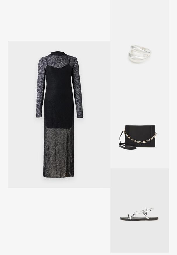 Melna mežģīņu kleita ar garām caurspīdīgām piedurknēm, pieguļošu jostu un plūstošu svārku. Tajā ir ziedu raksti un augsts kakla izgriezums.; Sudraba metāla sandales ar minimālistisku dizainu, kurām ir plānas siksnas un melna plakanā zole. Uzsvari ir krusteniskās siksnas akcenti.; Melna ādas crossbody soma ar gludu faktūru, taisnstūrveida formu un metalizētu ķēdes detaļu priekšā. Iekļauta regulējama siksna.; Sudraba divu joslu gredzens ar gludu, pulētu virsmu. Iezīmējas ar plūstošu, izliekta dizaina struktūru ar pārklājošām sekcijām modernam izskatam.