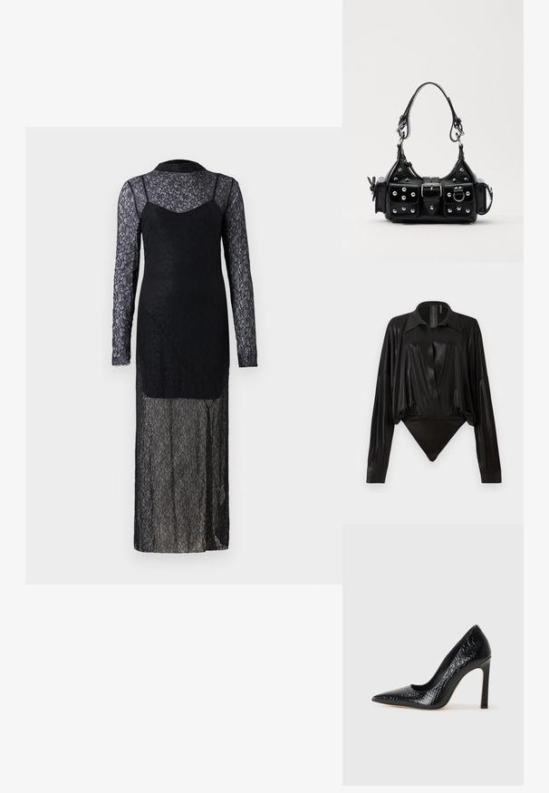 Juoda nėrinių suknelė su ilgomis permatomomis rankovėmis, prigludusia liemene ir tekanti sijonu. Puošia gėlių raštai ir aukštas kaklo iškirpimas.; Juodas bodžiukas su ilgomis rankovėmis, V formos iškirpte ir prigludusia siluetu. Pagamintas iš blizgaus, lygaus audinio su struktūrizuotu apykakle ir rankogaliais.; Juoda smailiakulnė aukšto kulno bateliai su krokodilo odos tekstūra, pasižymintys elegantišku dizainu, aukštu stiletu kulnu ir lygia juoda vidine dalimi.; Juodas odinis rankinukas su kreiviu dizainu, su sidabro spalvos knopkėmis, užsegimu ir dviem šoninėmis kišenėmis. Reguliuojama dirželis nešimui.
