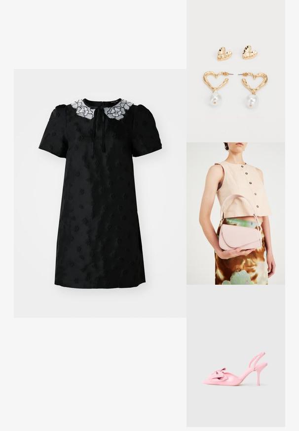 Svart kortermet kjole med teksturert blomstermønster, hvit brodert krage og glidelås i ryggen.; Rosa patent lær slingback hæle med spidse tæer, dekorativ sløjfe foran og en slank stiletto hæl. Glat tekstur.; Rosa skinnhåndveske med buet klaff, enkel skulderrem og rene linjer. Vesken har en glatt tekstur og minimalistisk design.; Gullfargede hjerteformede øredobber med en teksturert finish, som har en hengende perleaccent. Inkluderer matchende hjerte-stud øredobber.