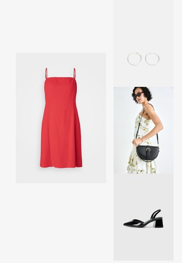 Gap Tall Rochie de zi - slipper red; Pantofi cu toc slingback din piele lacuită neagră, cu vârf ascuțit și toc geometric. Prezintă un design elegant, minimalist și o textură netedă.; Geantă din piele neagră, cu o formă curbată, curea detașabilă și accesorii aurii. Geanta are un capac cu un detaliu tip cataramă.; Cercei din argint cu un design elegant și rotund, având o suprafață netedă și fără embellismente vizibile. Diametrul nu este specificat.