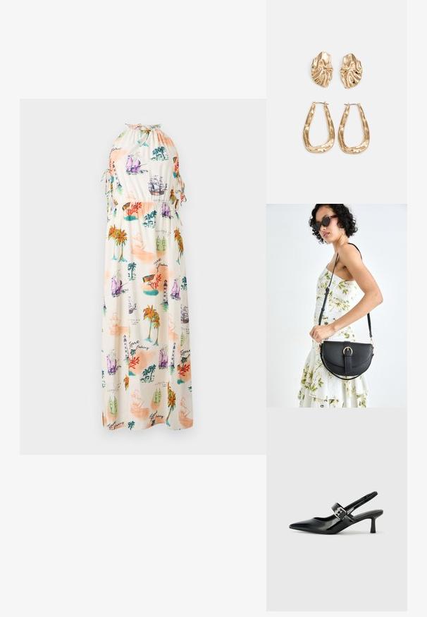 Robe maxi en tissu léger présentant un imprimé maritime coloré avec des bateaux, des phares et des palmiers. Décolleté halter avec cordons de serrage.; Escarpins slingback en cuir verni noir avec un bout pointu et un petit talon bloc, mettant en avant un accent en boucle argentée sur la sangle.; Sac à main en cuir noir avec une forme courbée, bandoulière amovible et des accessoires en or. Le sac est doté d'un rabat avec un détail de boucle.; Boucles d'oreilles dorées présentant des formes texturées et ondulées. Comprend des clips sculpturaux et un design de créoles ouvertes avec une finition martelée.