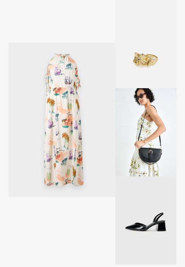 Maxi kleita vieglā audumā ar krāsainu jūras motīvu, kurā redzami kuģi, bākas un palmas. Haltera kakla izgriezums ar auklas saistēm.; Melna lakota āda ar atvērto papēdi, ar smailu purngalu un ģeometrisku blokpapēdi. Iezīmējas elegants, minimāls dizains un gluda tekstūra.; Melnas ādas rokassoma ar izliekta formu, noņemamu siksnu un zelta aksesuāriem. Somai ir vāciņš ar sprādzes detaļu.; Zelta gredzens ar teksturētu, viļņotu dizainu, kas rotāts ar trim izteiktām virsotnēm. Gluda, spīdīga virsma ar atvērtu joslu, lai to varētu pielāgot.