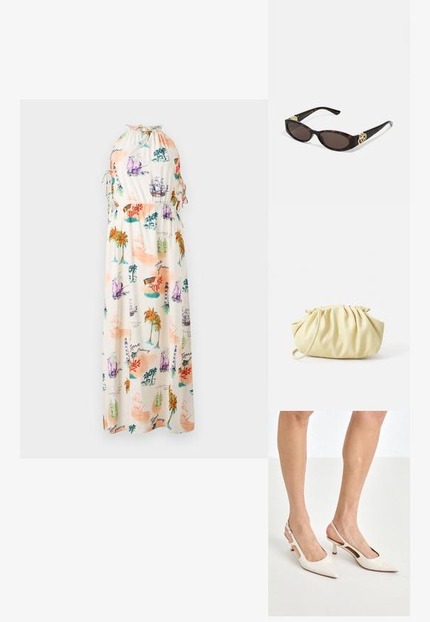 Maxikjole i let stof med et farverigt maritimt mønster med skibe, fyrtårne og palmer. Halterneck med snore.; Beige patent lærstøvletter med spidse tå og 5 cm hæl, med udskårne sider og en tynd ankelrem.; Skilpadde-solbriller med avlange ovale linser, brun tint, gull-logo aksenter på stengene og elegante svarte armer.; Gulvv Firkantet håndveske laget av glatt faux lær, med en myk form, en enkel skulderstropp og samlet toppdesign.