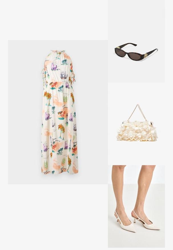 Robe maxi en tissu léger présentant un imprimé maritime coloré avec des bateaux, des phares et des palmiers. Décolleté halter avec cordons de serrage.; Escarpins à talon slingback en cuir verni beige avec un bout pointu et un talon de 5 cm, présentant des côtés découpés et une fine bride à la cheville.; Lunettes de soleil en écaille, avec des verres ovales allongés, teinte marron, accents de logo doré sur les branches et montures noires élégantes.; Sac à main floral blanc avec une surface en tissu froncé, une chaîne en métal doré et un fermoir en métal. Présente des pétales texturés pour plus de détail.