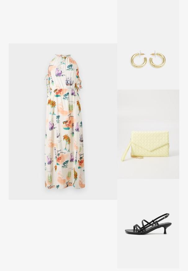 Kerge kangast maxi kleit, millel on värvikas mereteema mustriga laevad, tuletornid ja palmipuud. Kaelus on peaga kinni ja reguleeritava kinnitusega.; Mustad musta kandaga sandaalid, millel on mitmed risti minevad rihmad. Sile materjal, terav nina ja kitsas konts. Reguleeritav pahkluuri rihm klambriga.; Kollane kudumine käekott, millel on klapp disain, eemaldatav randme rihm ja kuldne ahelakaunistus. Sile tekstuur ja ristkülikuline kuju.; Kuldne rõngassõrmused sileda ja läikiva viimistlusega. Ringikujuline disain, millel on väike post ja selge tagumine külg, et tagada kindel kandmine.