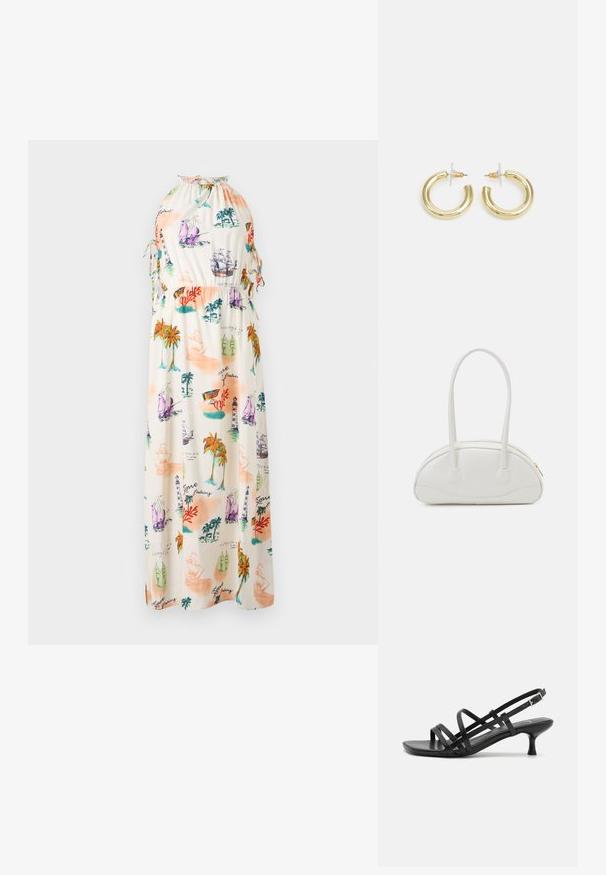 Maxi sukienka z lekkiego materiału z kolorowym nadrukiem morskich motywów przedstawiającym statki, latarnie morskie i palmy. Z dekoltem na halter z wiązanymi trokami.; Czarne sandały na obcasie z wieloma krzyżującymi się paskami. Gładki materiał, szpiczasty czubek i wąski obcas. Regulowany pasek wokół kostki z klamrą.; Even&Odd - Torebka; Złote kolczyki w kształcie kółek o gładkim, błyszczącym wykończeniu. Okrągły design z małym klipsem i przezroczystym zapięciem zapewniającym bezpieczne noszenie.