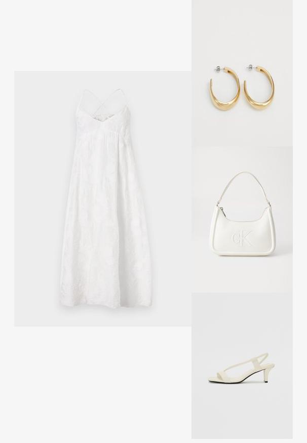 DRYKORN AVISSA - Dnevna obleka - off white; Bež sandale z blok peto, tankimi trakovi in kvadratnim prstom. Gladek material z minimalnim okrasjem, zasnovan za enostavno nošenje.; Bela usnjena torbica s ukrivljeno obliko, ki na sprednji strani nosi vžgano logo "CK" in ima eno naramnico. Zadrga za zapiranje na vrhu.; Zlate uhani v obliki obroča z gladkim, ukrivljenim dizajnom. Narejeni so iz kovine, z elegantno površinsko obdelavo in zapiranjem na bakreni sistem.