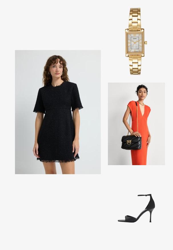 Černé tweedové šaty s krátkými rukávy, texturovanou tkaninou, třásňovým lemem a přiléhavým pasem. Ideální pro neformální nebo poloformální příležitosti.; Mango Sandály na vysokém podpatku - black; Černá kožená kabelka s prošívaným designem a zlatými detaily, s dekorativním sponou. Kabelka má řetězovou rukojeť a je držena v ruce.; Zlatý obdélníkový náramkový hodin s bílým ciferníkem, stříbrnými indexy a odolným kovovým náramkem. Obsahuje voděodolnou funkci.
